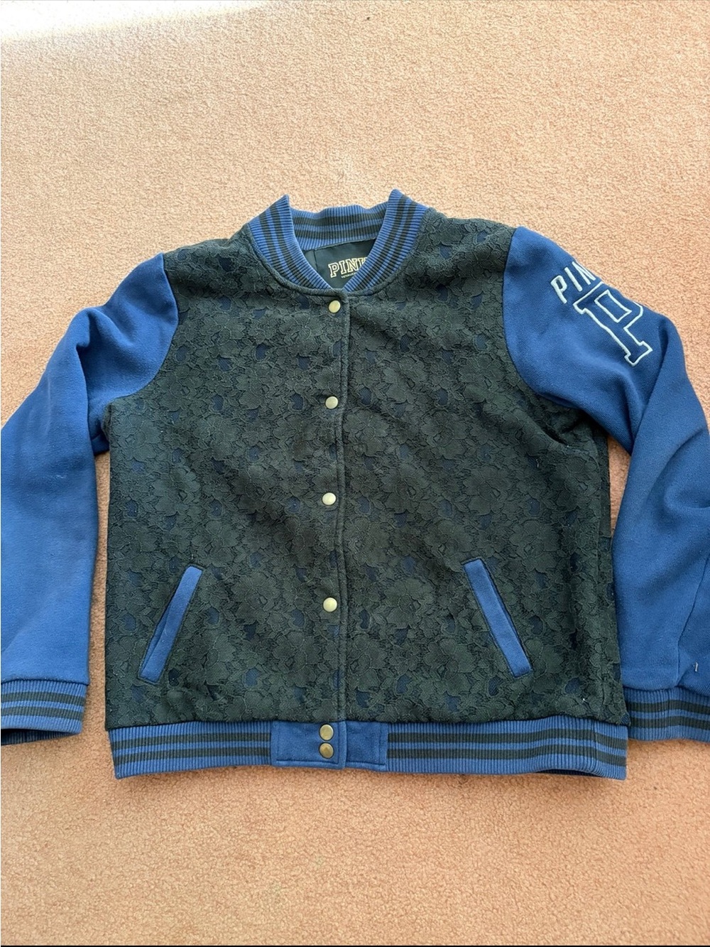 Pre Owned PINK Victoria's Secret Varsity Blue Black Lace Bomber Jacket Size L